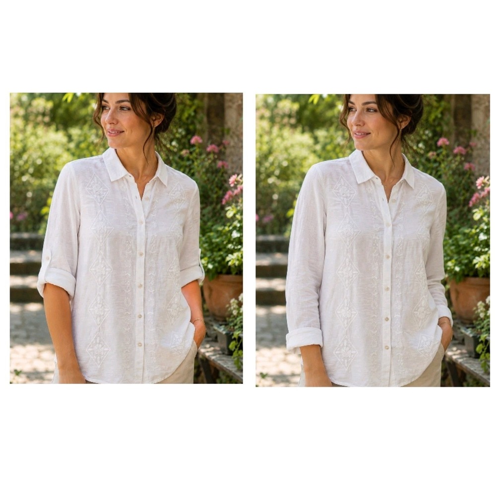 Sigrid Olsen White Embroidered Cotton Button Down Shirt Medium Roll Tab Sleeves